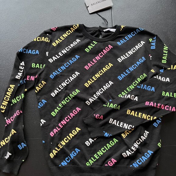 NWT Balenciaga Crop Sweater Cotton Puff Ink Knit Black Multicolor Logo Print - Picture 9 of 11